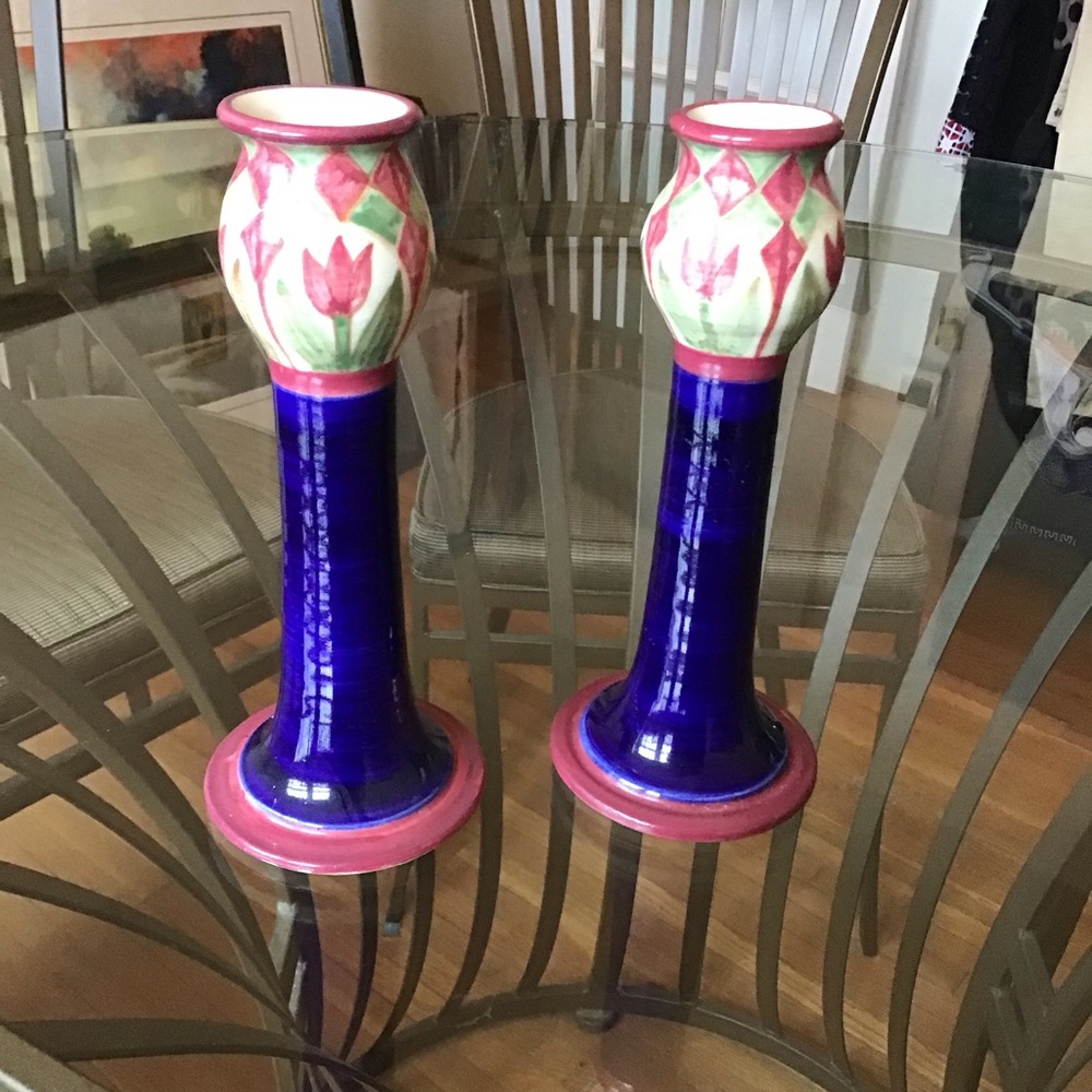 A. Suman Santa Barbara Handpainted Thrown Pottery Candlestick Pair Beautiful